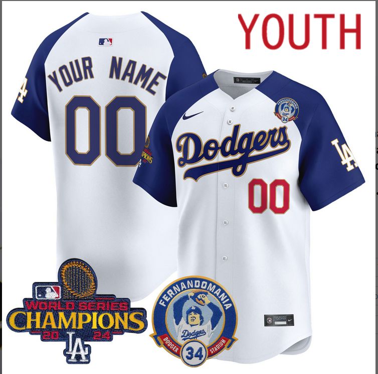 Youth MLB Los Angeles Dodgers Custom white 2024 World Series Champions Patch Cooperstown Jersey style 12